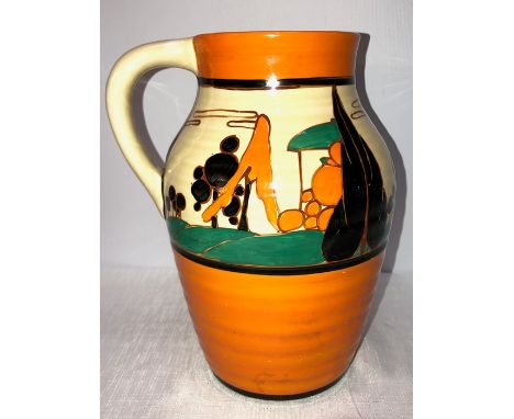 A Clarice Cliff Wilkinson Pottery Fantasaque jug, 24.5cms h, orange tree and house pattern with black banding. Some very smal
