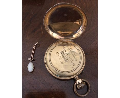 A 9 carat gold and opal pendant with gold pocket watch. lacking glass, marked 14 K.