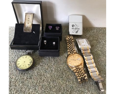 Various jewellery including 19thC silver pocket watch, modern silver money clip, earrings, Rotary, Seiko watch and zippo ligh
