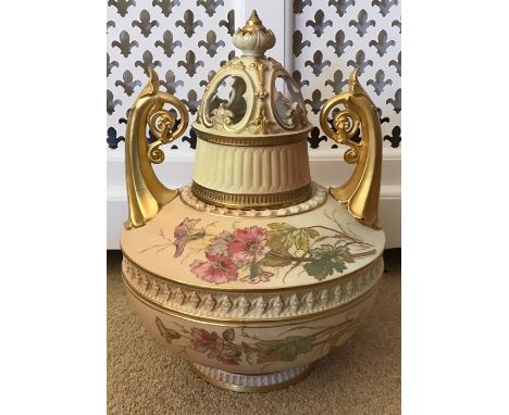 Royal Worcester blush ivory jar and cover, puce mark Rd No. 84822, rubbing to gilding on top rim. 30cms h approx. 