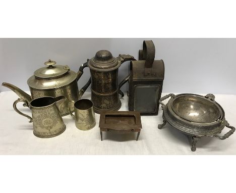 Silverplate inc 3 piece tea set, lidded mug, serving dish together with a carriage lamp. 