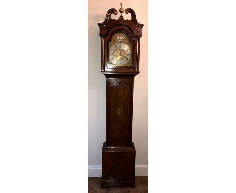 Oak cased longcase clock, R Rowntree, Ebor, York with brass face circa 1700.