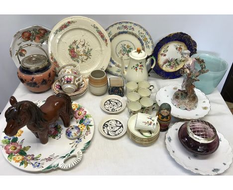 Box of assorted pottery, coffee set, decorative plates, teacups, biscuit barrel, Poole vase, Hornsea dishes, glass vase etc. 