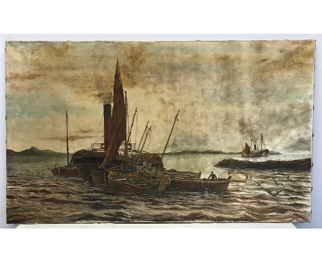 Oil on canvas coastal scene, fishing boats in harbour signed l r. Keith Sutton 1972 60 x 120cms. 