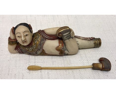 Meiji period ivory &amp; enamel recumbent figure table snuff box with spoon.