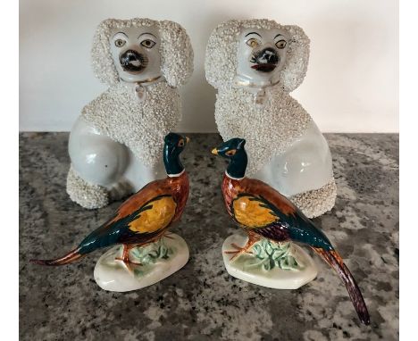 Two 19thC dogs, 12cms h with two ceramic pheasants, good condition. 