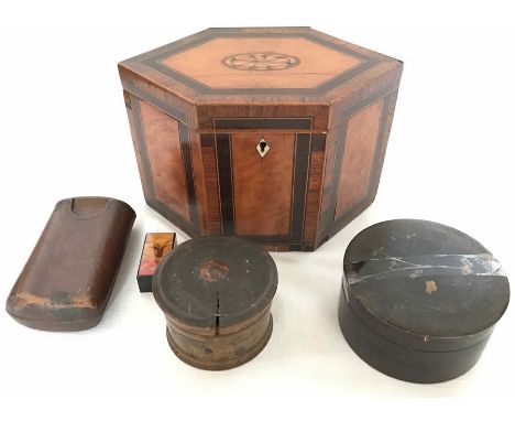Various boxes to include 19thC crossbanded and inlaid tea caddy, lacquer box, leather case etc.