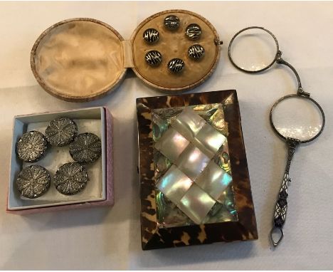 Mother of pearl &amp; tortoiseshell card case, cut steel buttons, boxed buttons and white metal, marked .935 and enamel lorgn