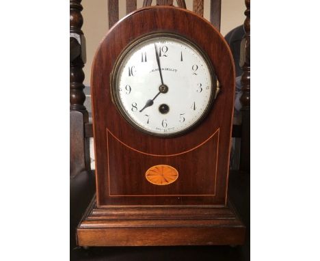 Edwardian inlaid mantel clock with enamel dial by Walker and Hall. 