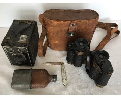 Miscellany to include Brownie Six-20 box camera, C.P. Goerz Berlin binoculars in leather case, hip flask and silver and mothe