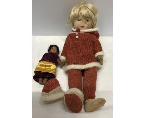 Chad Valley hygienic toys, felt doll 46cms h and a small German pot doll, 20 cms h. 