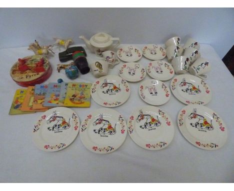 Child's tea set, Muffin the Mule 20 pieces, missing 1 saucer, Noddy booklets, tin mini globe and plastic toys. 