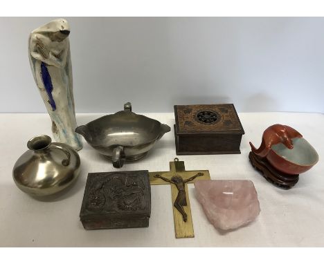 Miscellany to include brass crucifix, rose quartz, pewter sauceboat, oriental bat brush pot on wooden stand, ceramic figure, 