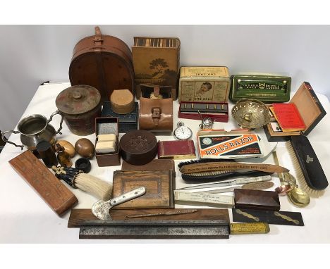 A mixed lot to include leather collar case, tins, bobbin holders, vanity brushes, paper knives, treen, miniature tools, etc. 