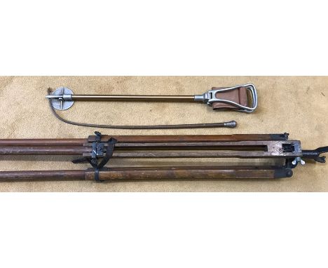 Silver topped riding crop by Swain and Adeney, a theodolite tripod stand a shooting stick. 