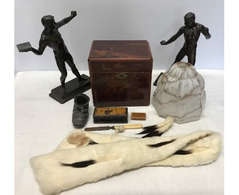 Miscellany including 2 spelter figures, lacquer box, 2 snuff boxes, glass lamp shade and a fur collar. 