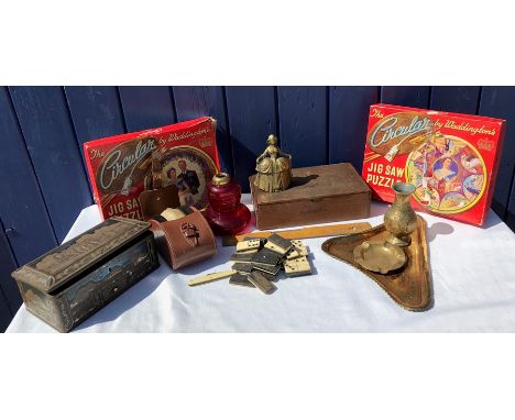 Miscellany to include Geo-Bassett &amp; Co tin, Waddington's circular jigsaw puzzles, bone dominoes, ebony backed hair brushe