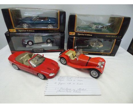 Maisto special edition, 1:18 scale model cars, 4 boxed, 2 without, Jaguars and Morris Minor police car.