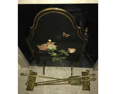 Brass fire irons on dogs with firescreen decorated with découpage. 