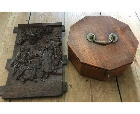 Oak carved panel with 19thC oak box. 