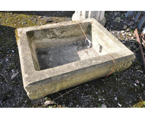 A LARGE AND VERY HEAVY RECTANGULAR GARDEN PLANTER with foliate detail, length 77cm width 62cm height 27cm (very heavy)