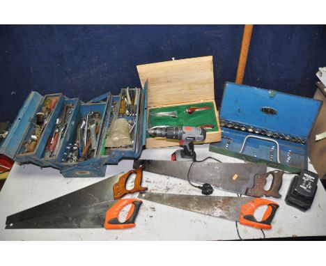 A SELECTION OF HANDTOOLS to include a toolbox containing various spanners, sockets, ratchet, screwdrivers etc, a King Dick so
