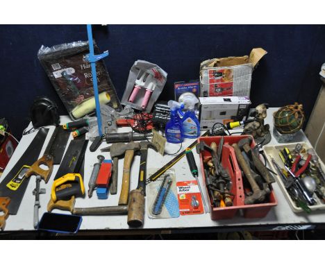 TWO BOXES OF HAND TOOLS to include various screwdrivers, hammers, saws, chisels etc a tv wall mount, a unbranded soldering ir