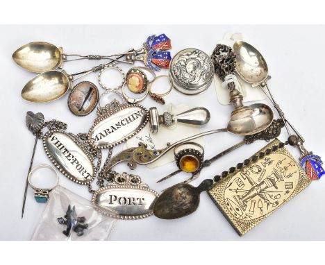 A BAG OF ASSORTED SILVER AND WHITE METAL ITEMS, to include three silver golfing teaspoons, decorated with blue and red enamel