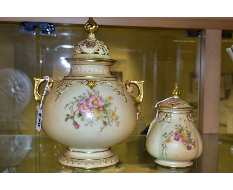 TWO PIECES OF ROYAL WORCESTER BLUSH IVORY PORCELAIN, comprising a twin handled pot pourri and cover, shape no. H218 and a sma