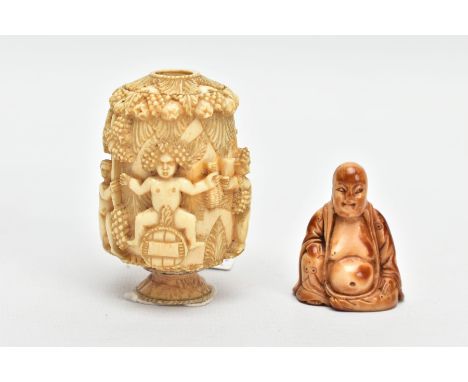 A CARVED IVORY SNUFF FLASK AND A CARVED BUDHA FIGURINE, the snuff flask possibly a 19th century copy, depicting carved human 