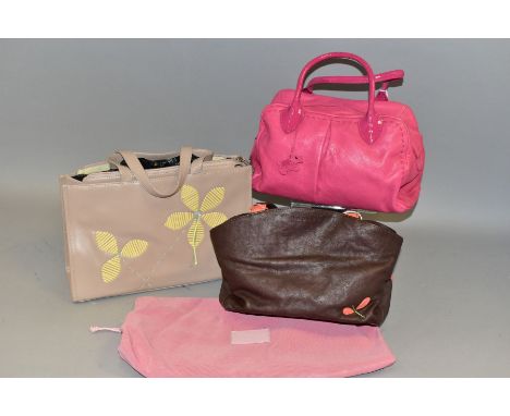 THREE RADLEY HANDBAGS, comprising a pink leather bag with patent handles and contrast stitching, a brown leather bag with pin