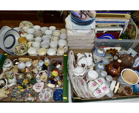 FOUR BOXES AND LOOSE ASSORTED CERAMICS AND ROYALTY INTEREST BOOKS, including eight Royal Worcester Dambusters themed collecto
