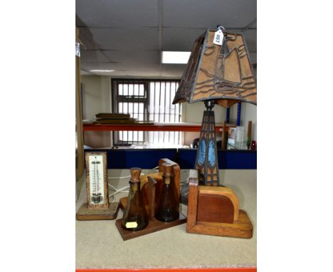 A SMALL GROUP OF WOODEN AND SUNDRY ITEMS, to include an early twentieth century style plywood, paper lined table lamp with sh