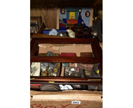 TWO BOXES OF SUNDRY ITEMS ETC, to include a Keswick School conical toothpick holder, two Keswick School Staybrite dishes,  Ot