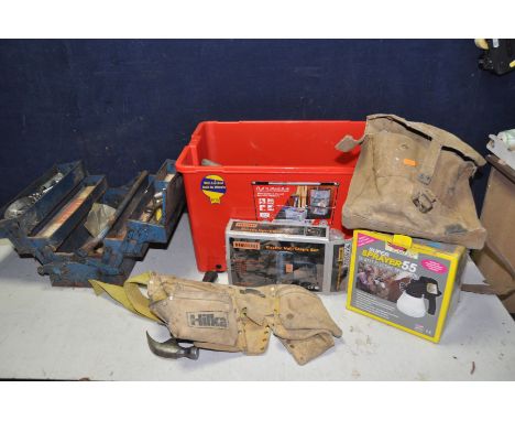 A BOX AND A TOOLBOX CONTAINING HAND TOOLS to include a Earlex electric spray gun Challenge electric nail gun (untested), saws