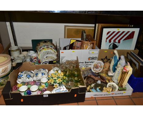 SIX BOXES AND LOOSE CERAMICS, GLASSWARE, PRINTS, TEC, including two modern planters, assorted hock glasses, Crown Staffordshi