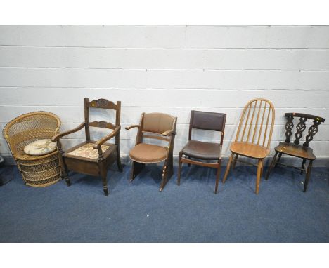 SIX VARIOUS CHAIRS, to include an Art Deco armchair, Ercol style quaker back chair, an Ercol Fleur De Lis kitchen chair, comm