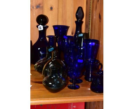 A COLLECTION OF 19TH AND MOSTLY 20TH CENTURY BRISTOL BLUE AND OTHER BLUE COLOURED GLASSWARE, including a mug etched 'C. Lehma