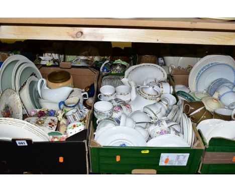 FIVE BOXES OF ASSORTED CERAMICS, including Midwinter fashion shape coffee wares, Tuscan china part set, Royal Kent and Royal 