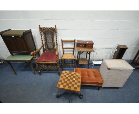 A QUANTITY OF OCCASIONAL FURNITURE, to include a card table, an oak piano stool, another stool, a chess board on office chair