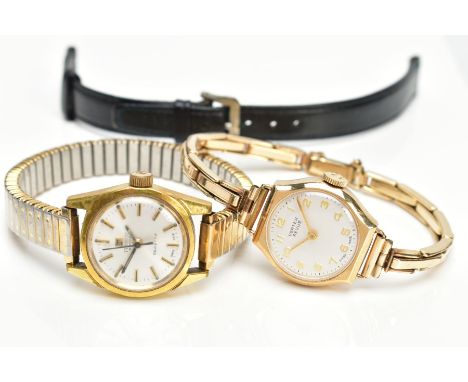 A LADIES 9CT GOLD WATCH HEAD, A GOLD-PLATED WRISTWATCH AND AN ADDITIONAL STRAP, the first with a silver dial signed 'Vertex R