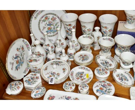 FORTY TWO PIECES OF WEDGWOOD KUTANI CRANE GIFTWARES, comprising fourteen vases (one boxed) tallest 17.5cm, a lidded bowl diam