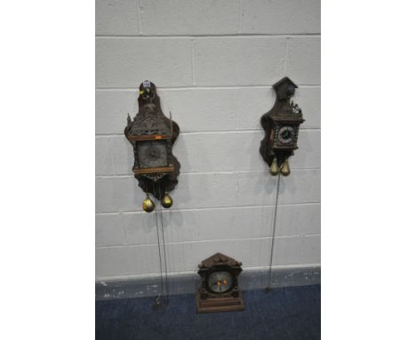 TWO DUTCH ZAANSE STYLE ATLAS WALL CLOCKS, both with two brass weights and pendulums (af) and an oak mantel clock (3)