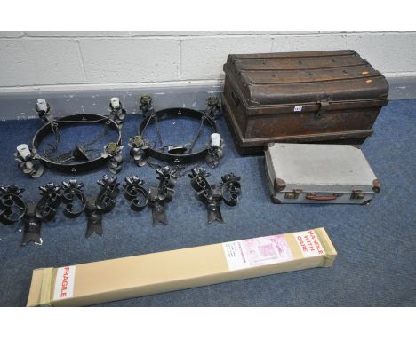 A VINTAGE TIN TRUNK, a briefcase, two wrought iron chandeliers, and four twin branch wall lights, and a new boxed stick barom