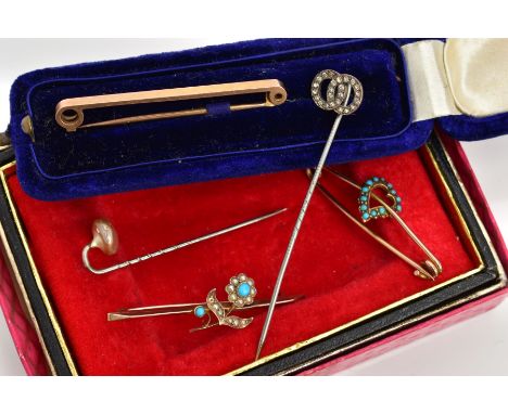 THREE LATE 19TH CENTURY GOLD BAR BROOCHES, to include a yellow gold bar brooch detailing a floral design set with seed pearls