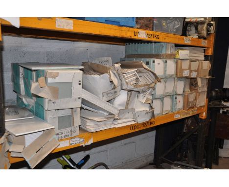 A LARGE QUANTITY OF CERAMIC WALL TILES including white 6in x 6in, silk fawn 6in x 6in, duck egg blue 8in x 8in, beige and bei