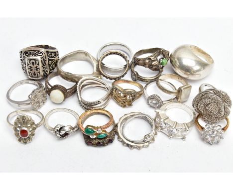 A BAG OF ASSORTED RINGS, to include a silver opal cabochon ring hallmarked Birmingham, two other silver rings with full silve