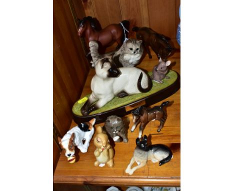 A GROUP OF BESWICK AND ROYAL DOULTON ANIMAL FIGURES, comprising a Beswick figure group 1558/1678 of a Siamese cat and a mouse