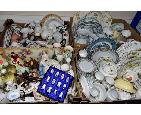 FOUR BOXES OF CERAMICS, to include a thirty four piece Royal Standard Brown Eyed Susan pattern dinner service, a 1920s Tillso