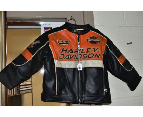 A CHILD'S FAUX LEATHER HARLEY DAVIDSON BIKERS JACKET, size 3T, bears label for Haddad, in well used condition